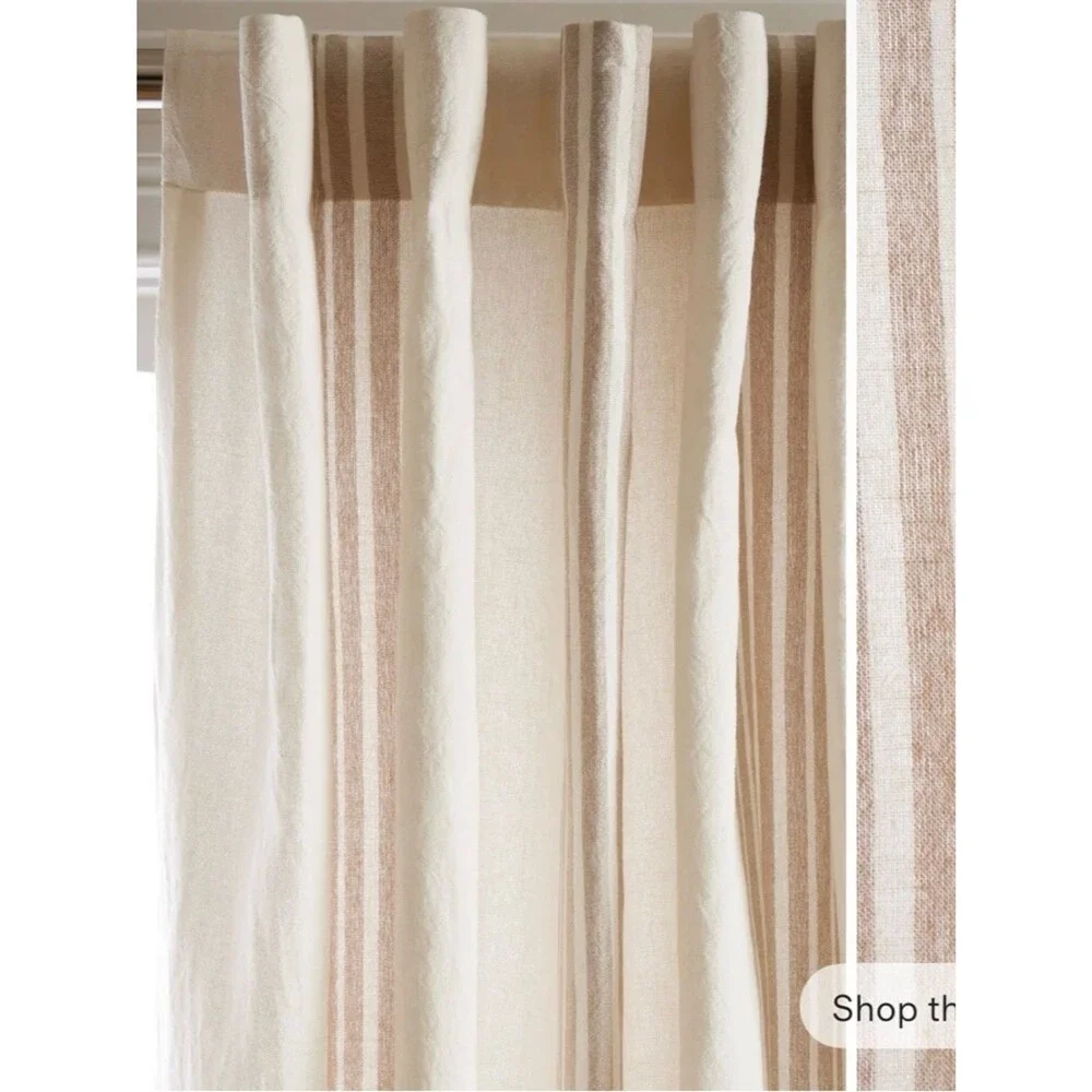 Quince Coastal Stripe Linen Cotton light Filtering Curtain 48 x 96 ivory